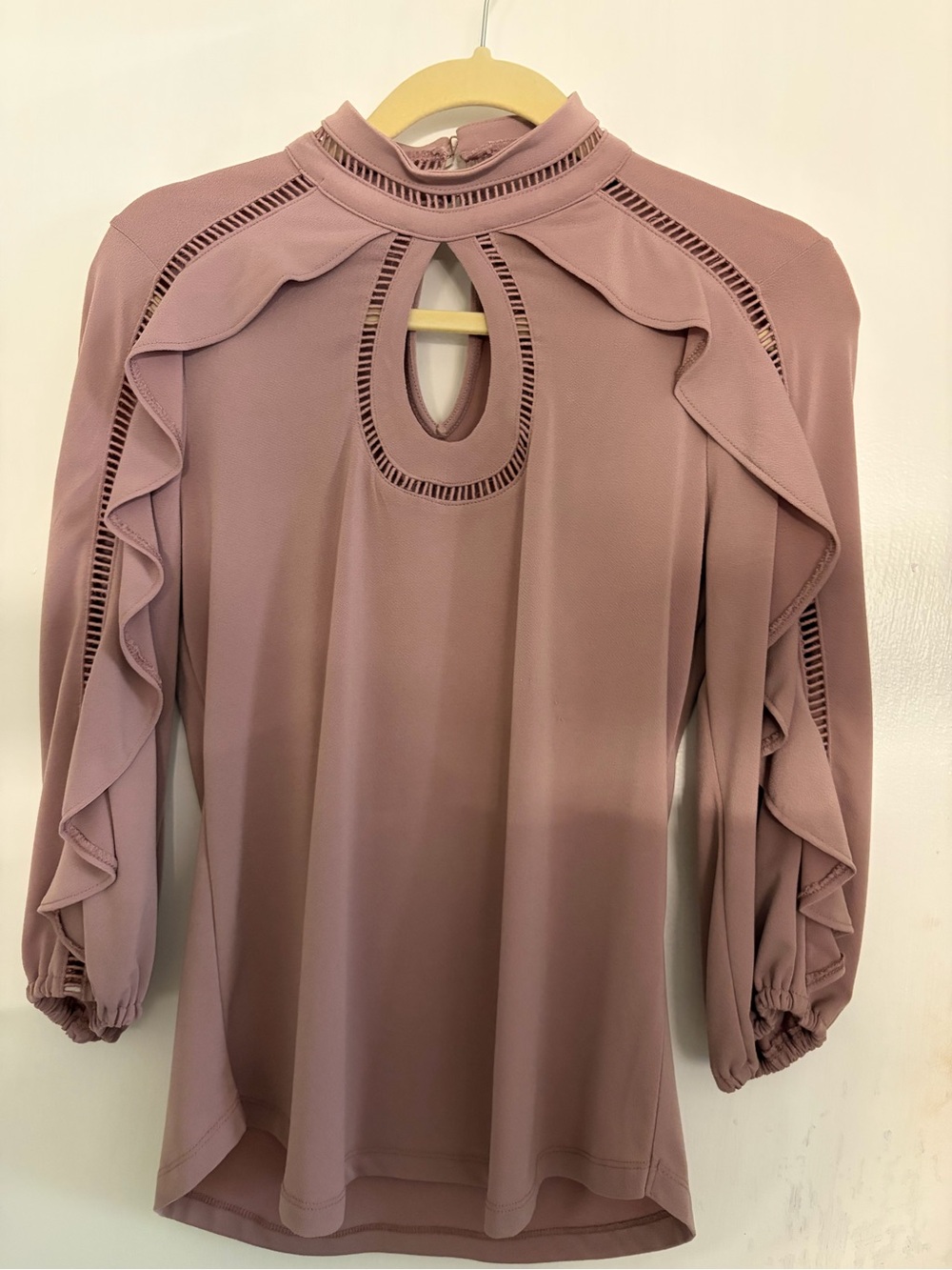 New York & Company Mauve Ruffle Keyhole Blouse